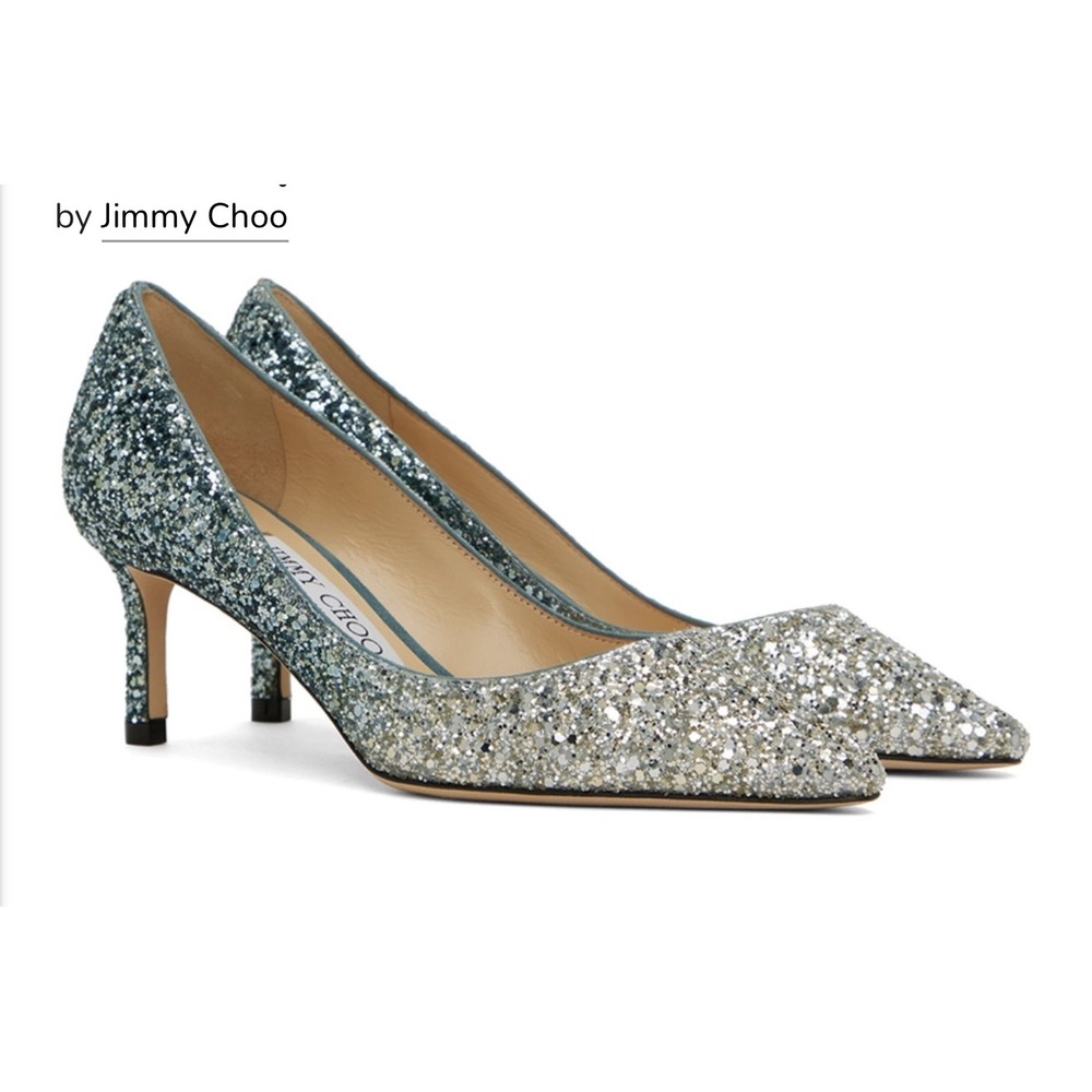 Jimmy Choo Glitter Heels Silver Sparkle Pointed Toe Stiletto Pumps Size 38 7.5‎